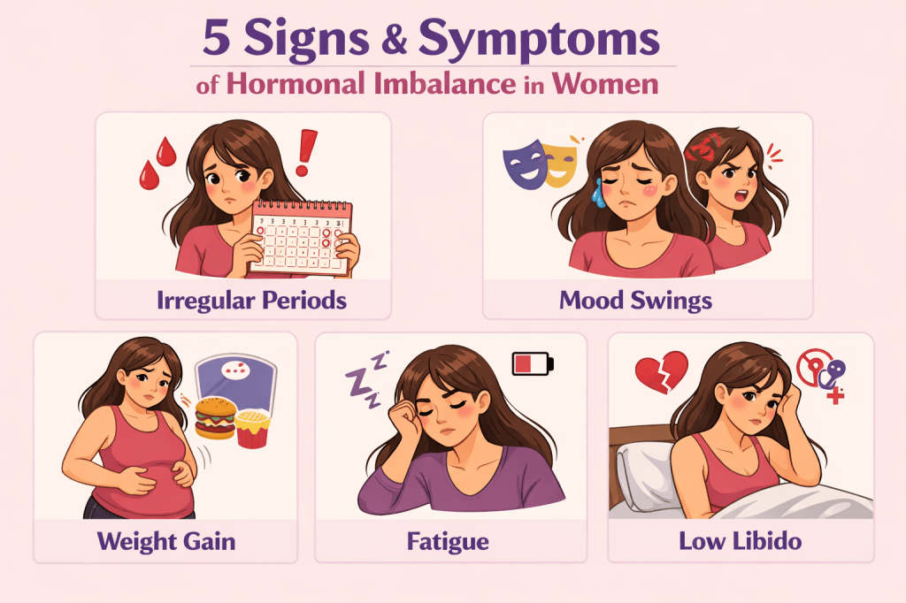 Infographic illustrating 5 signs and symptoms of hormonal imbalance in women, including irregular periods, mood swings, weight gain, fatigue, and low libido.