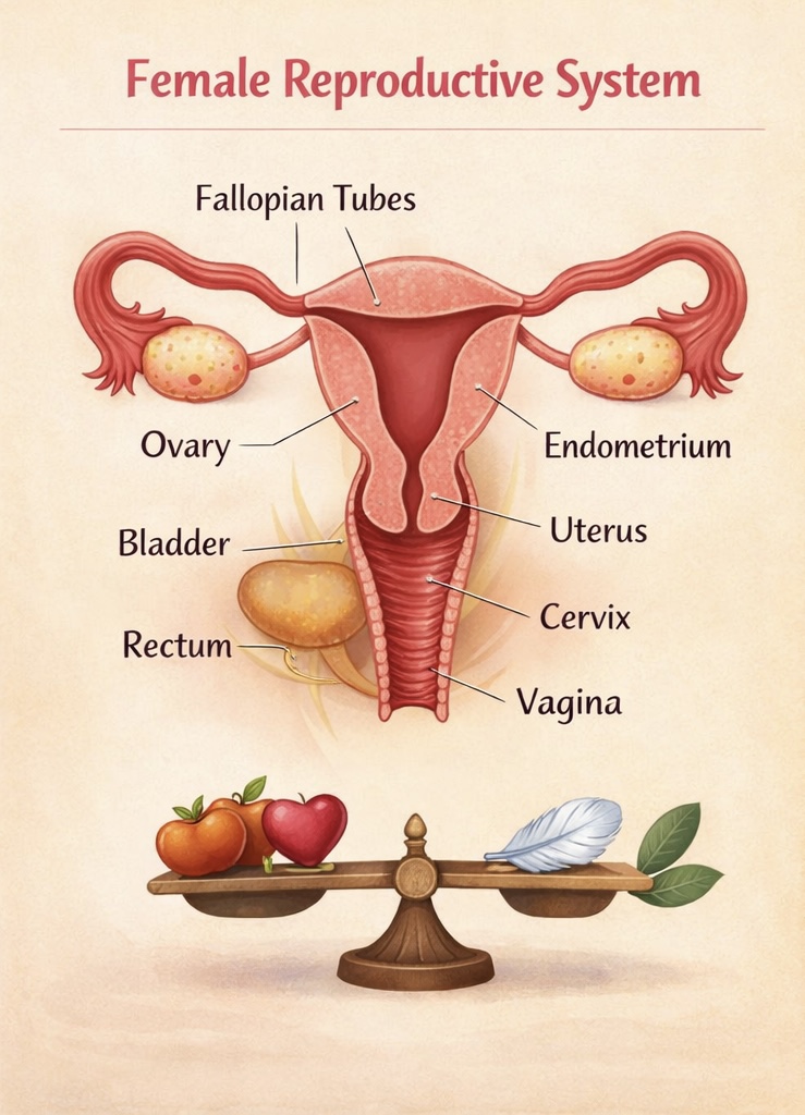 Illustration of the female reproductive system, labeling key components: Fallopian tubes, ovaries, endometrium, uterus, cervix, vagina, bladder, and rectum. At the bottom, a balance scale is depicted with apples and a heart on one side and feathers and leaves on the other.