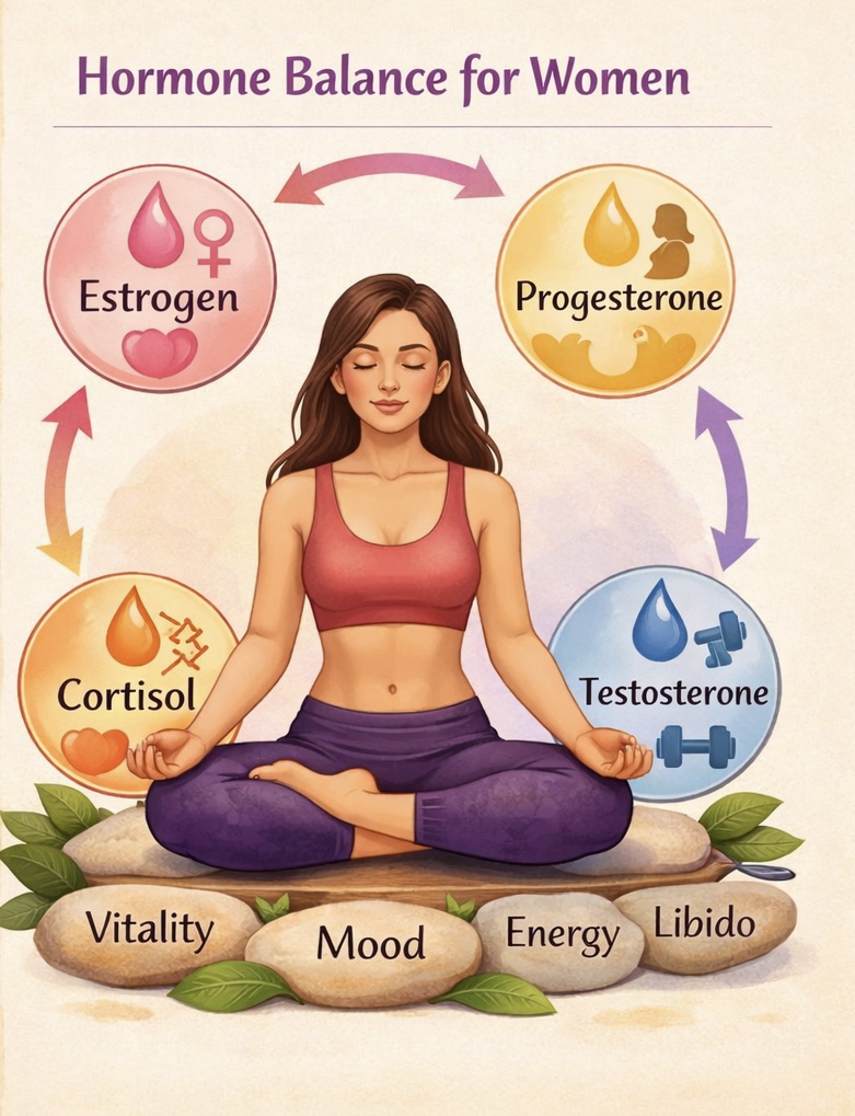 Illustration of a woman meditating, representing hormone balance for women with focus on estrogen, progesterone, cortisol, and testosterone. Keywords include vitality, mood, energy, and libido.