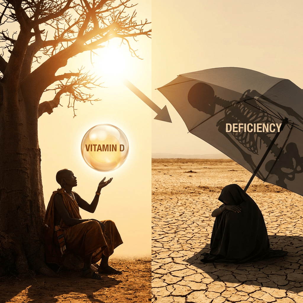 Comparison of sunlight exposure labeled VITAMIN D against full body coverage labeled DEFICIENCY with a skeleton.