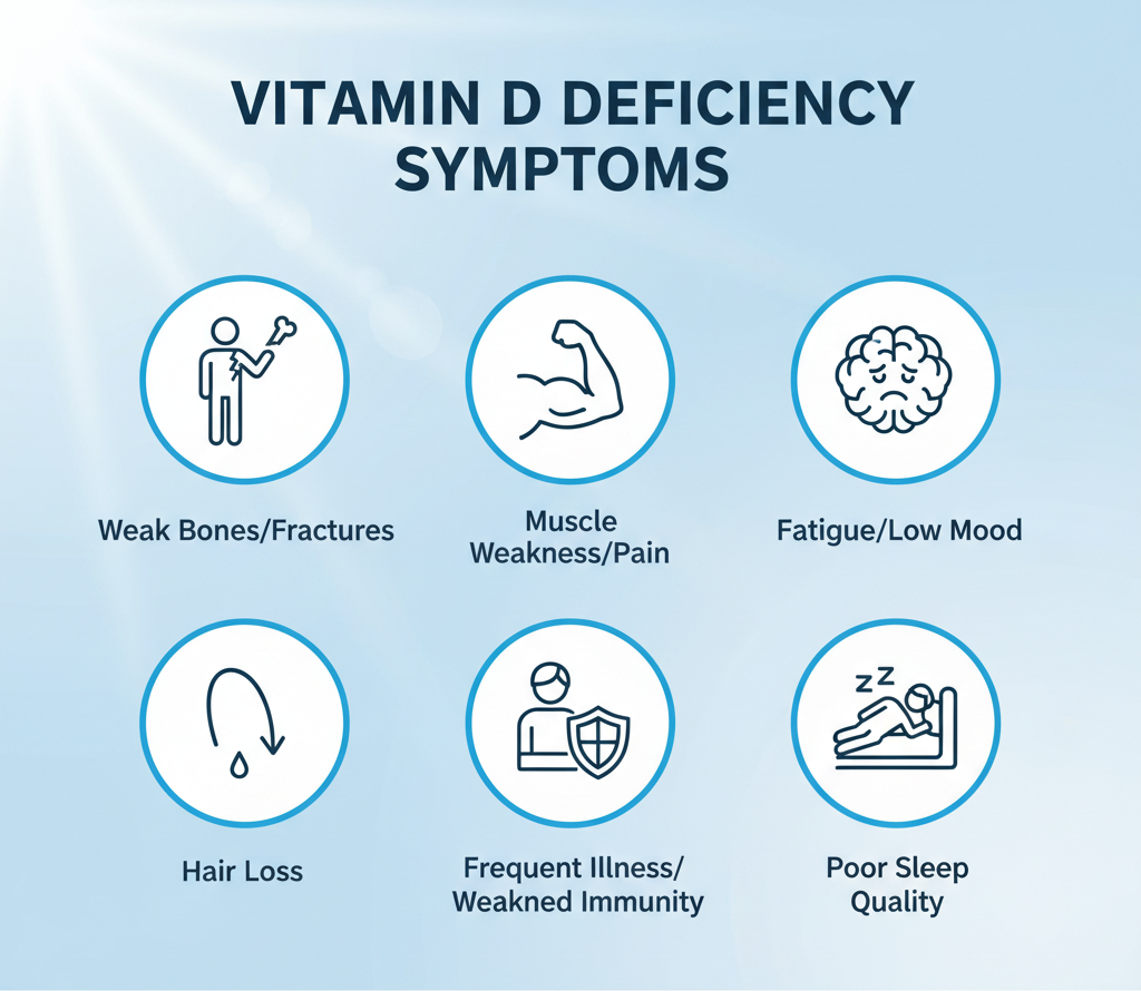 VITAMIN D DEFICIENCY SYMPTOMS: Weak Bones/Fractures, Muscle Weakness/Pain, Fatigue/Low Mood, Hair Loss, Frequent Illness/Weakened Immunity, Poor Sleep Quality.