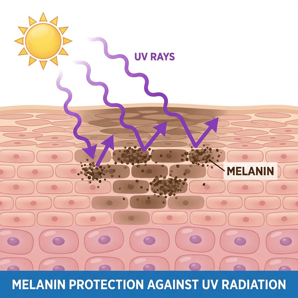 Diagram titled MELANIN PROTECTION AGAINST UV RADIATION showing melanin reflecting purple UV rays.