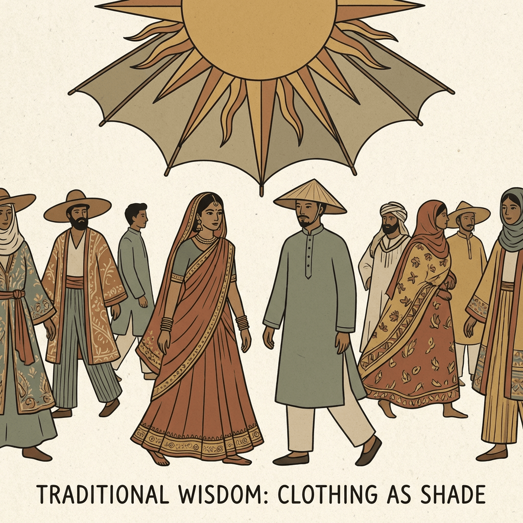 Diverse people in traditional clothing under a stylized sun. Text: TRADITIONAL WISDOM: CLOTHING AS SHADE.