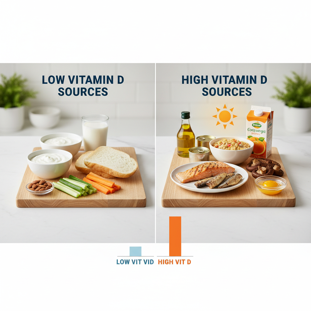 Infographic comparing LOW VITAMIN D SOURCES and HIGH VITAMIN D SOURCES with food examples and a bar chart.