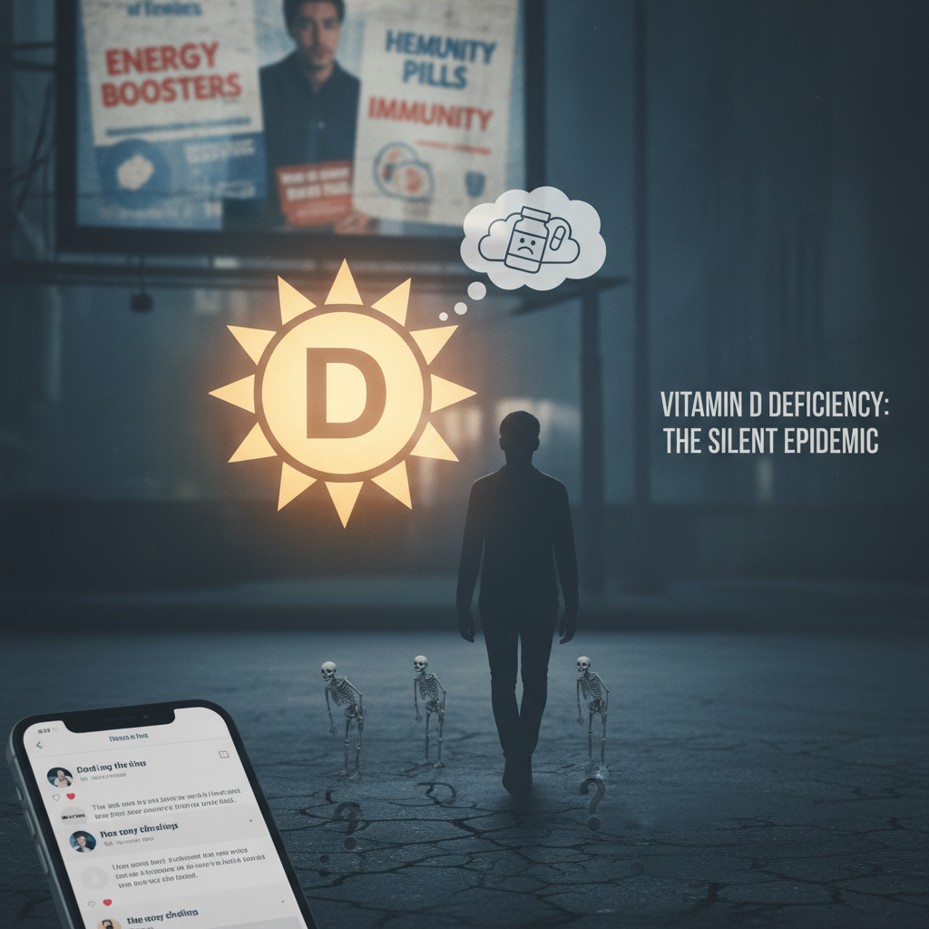 Silhouette with sun icon and text: Vitamin D Deficiency: The Silent Epidemic.