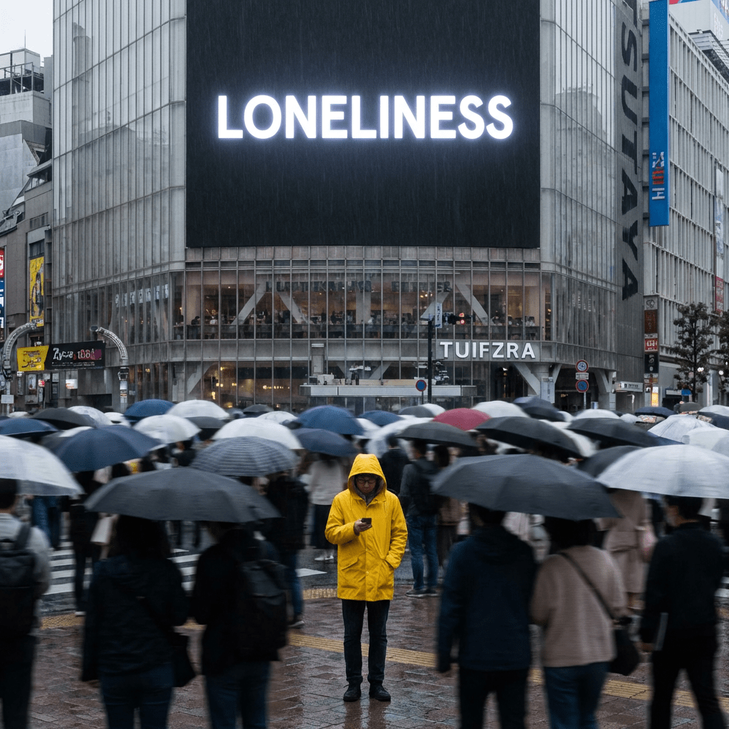 Man in yellow raincoat among umbrella-carrying crowds below signs for LONELINESS, TUIFZRA, and SUTAYA.