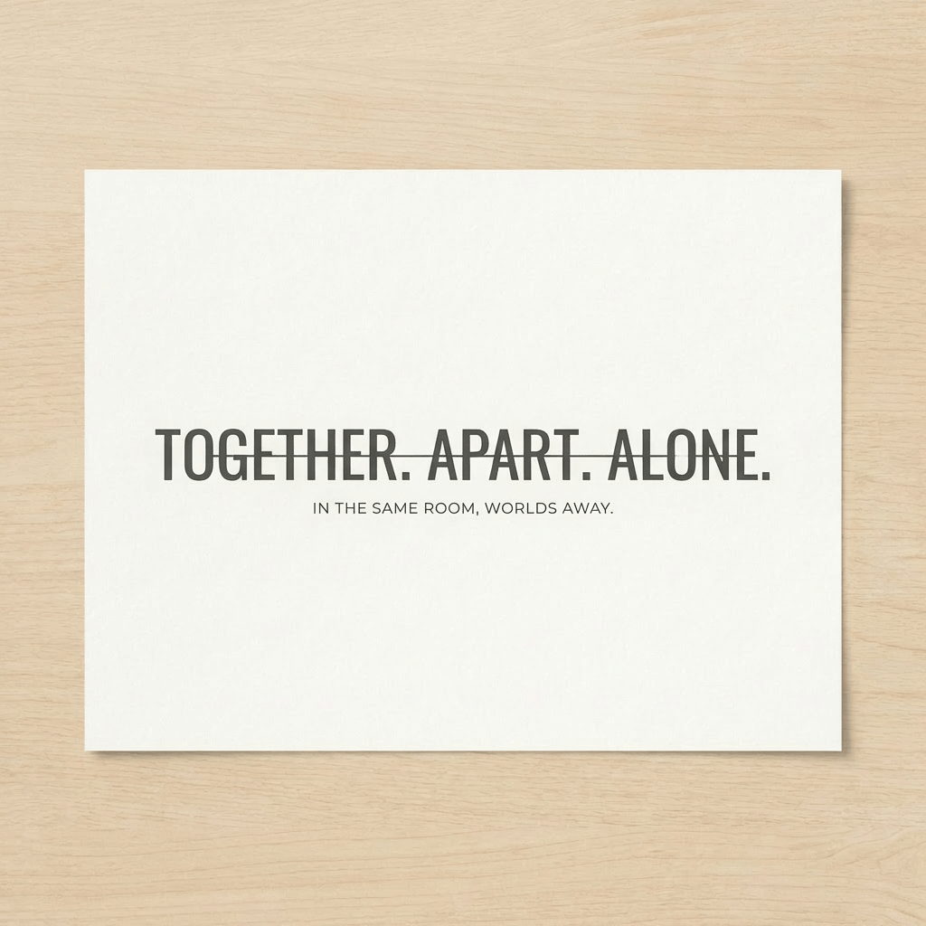 White card on a wood background featuring the text: TOGETHER. APART. ALONE. with a horizontal line through it, and below it, IN THE SAME ROOM, WORLDS AWAY.