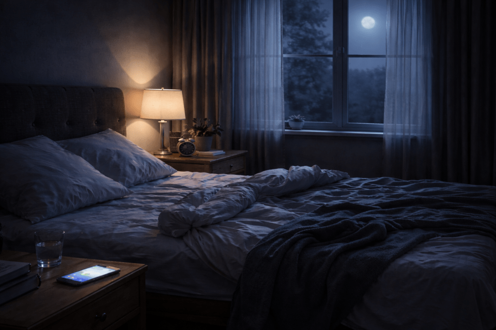 Lonely nighttime bedroom scene with phone light and moonlight creating a calm yet heavy emotional atmosphere